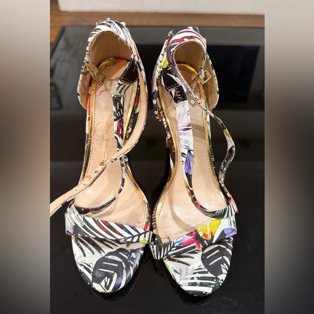 SOLD - Jessica Simpson Tropical Print Ankle-Strap Stiletto Heels